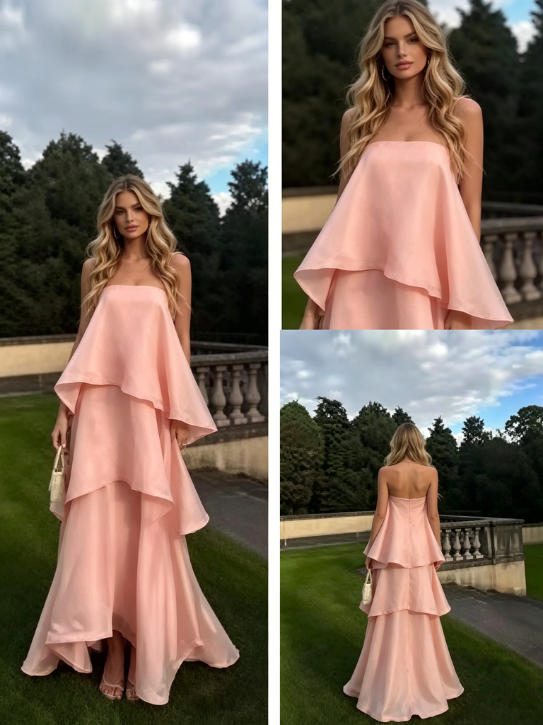 Romantic Pink Strapless Tiered Maxi Dress, Flowy Formal Gown Perfect for Wedding & Prom, PD4234