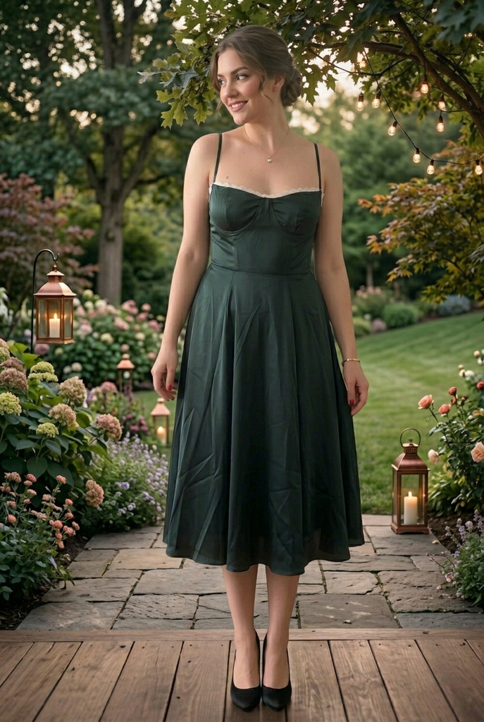 Vintage Emerald Green Satin Midi Dress, Lace Trim Spaghetti Strap Cock SposaBridal Vintage Emerald Green Satin Midi Dress, Lace Trim Spaghetti Strap Cock SposaBridal