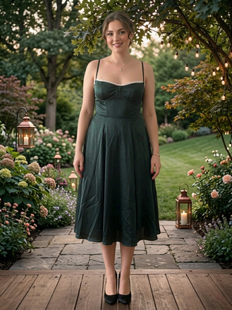 Vintage Emerald Green Satin Midi Dress, Lace Trim Spaghetti Strap Cocktail Dress, PD4235