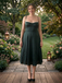 Vintage Emerald Green Satin Midi Dress, Lace Trim Spaghetti Strap Cocktail Dress, PD4235
