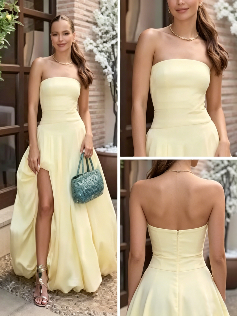 Elegant Buttery Yellow Strapless High Slit Maxi Dress Formal Gown for Prom & Bridal Event, PD4236