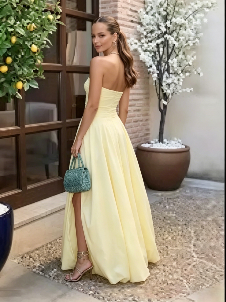Elegant Buttery Yellow Strapless High Slit Maxi Dress Formal Gown for SposaBridal Elegant Buttery Yellow Strapless High Slit Maxi Dress Formal Gown for SposaBridal