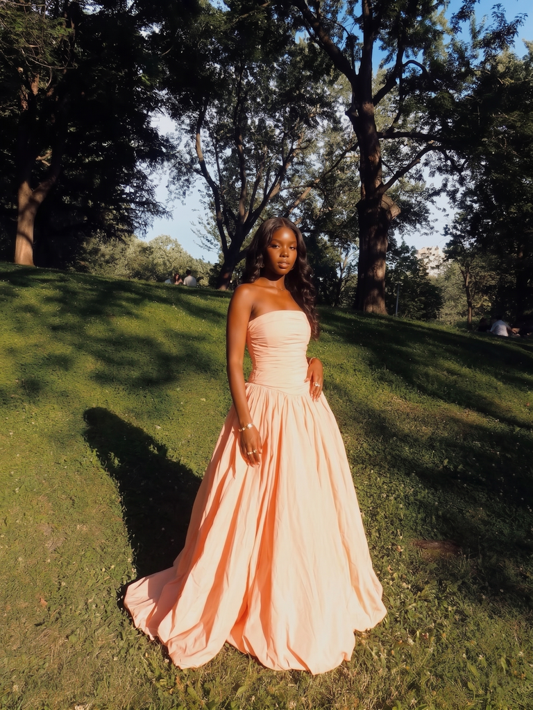 Blush Pink Strapless Ruched Ball Gown, Flowy Formal Prom Dress with Tr SposaBridal Blush Pink Strapless Ruched Ball Gown, Flowy Formal Prom Dress with Tr SposaBridal