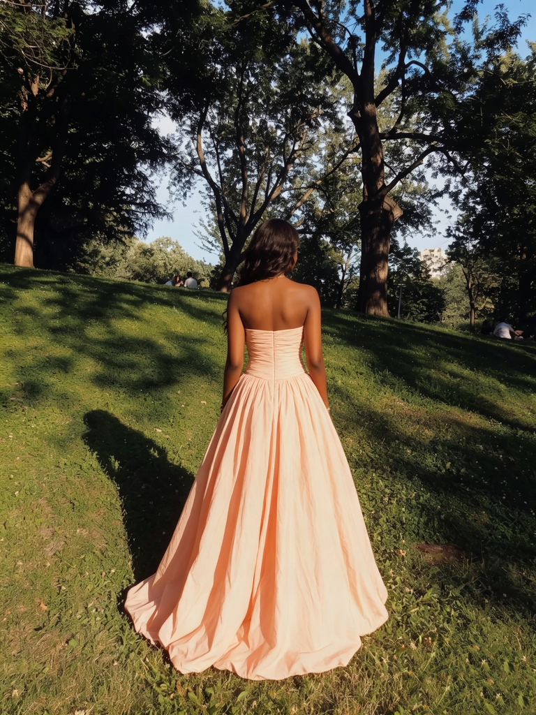 Blush Pink Strapless Ruched Ball Gown, Flowy Formal Prom Dress with Train for Special Occasion, PD4237