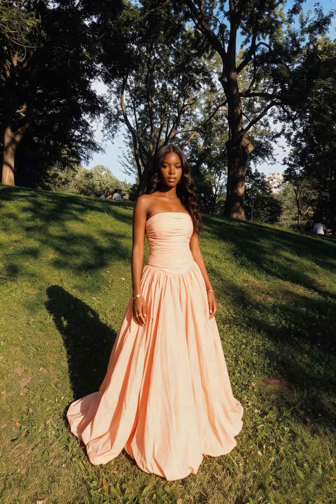 Blush Pink Strapless Ruched Ball Gown, Flowy Formal Prom Dress with Train for Special Occasion, PD4237