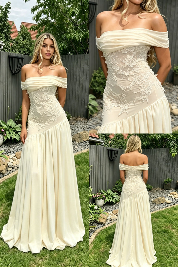 Elegant Off Shoulder Chiffon Lace A-Line Formal Dress Bridal Gown, PD4239