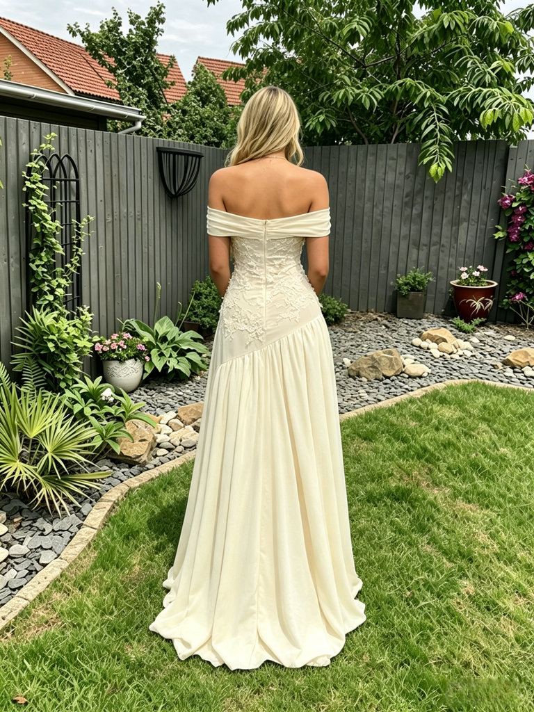 Elegant Off Shoulder Chiffon Lace A-Line Formal Dress Bridal Gown, PD4239