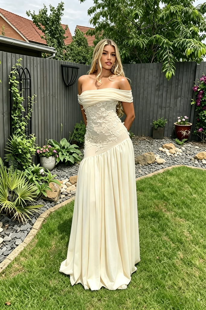 Elegant Off Shoulder Chiffon Lace A-Line Formal Dress Bridal Gown, PD4239