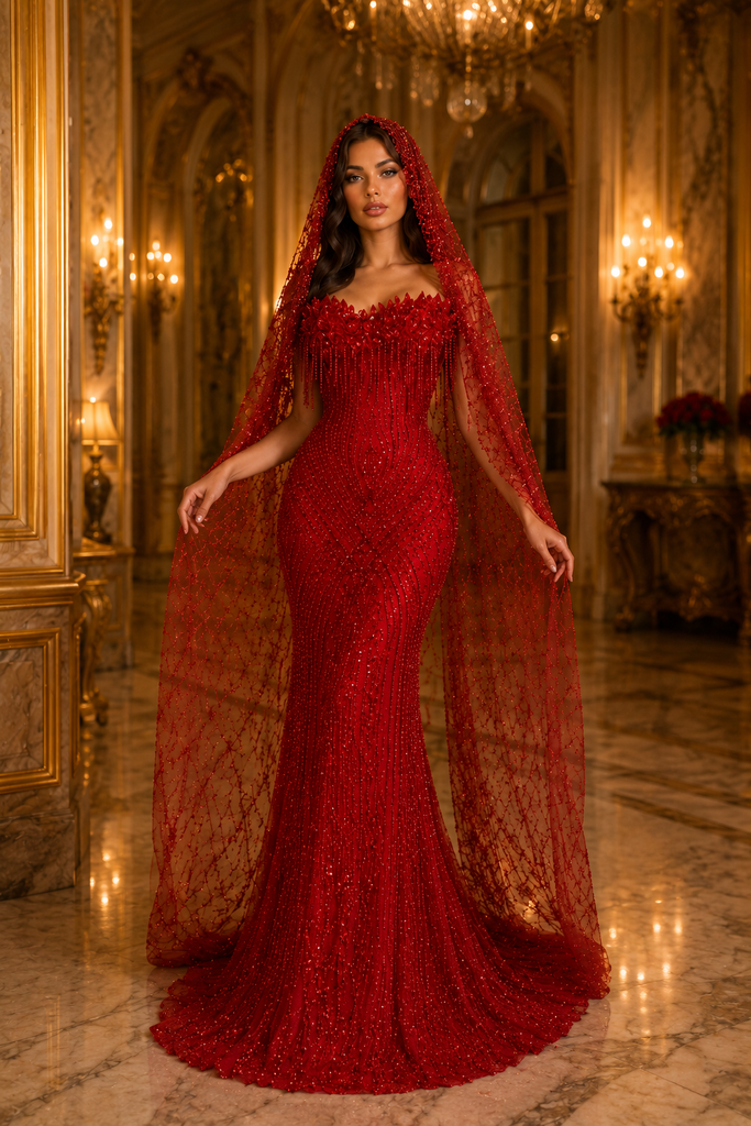 Luxury Red Crystal Embellished Mermaid Evening Gown With Hooded Veil, PD4241