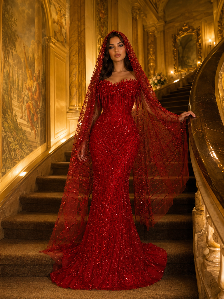 Luxury Red Crystal Embellished Mermaid Evening Gown With Hooded Veil, SposaBridal Luxury Red Crystal Embellished Mermaid Evening Gown With Hooded Veil, SposaBridal