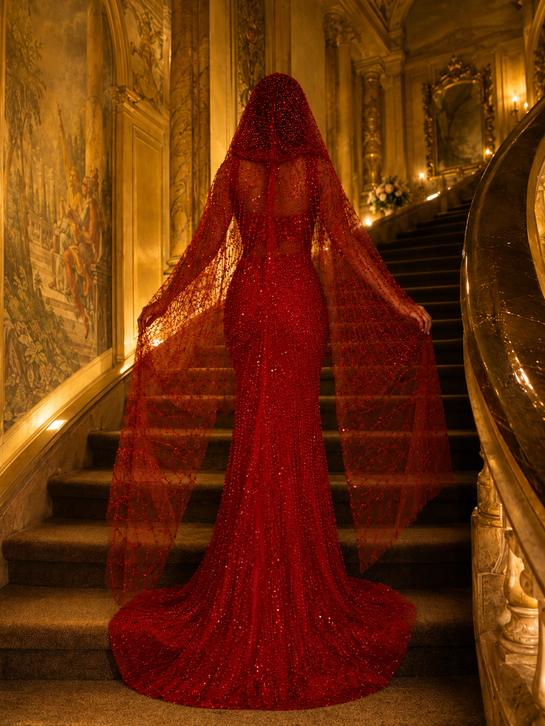 Luxury Red Crystal Embellished Mermaid Evening Gown With Hooded Veil, PD4241