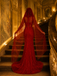 Luxury Red Crystal Embellished Mermaid Evening Gown With Hooded Veil, PD4241