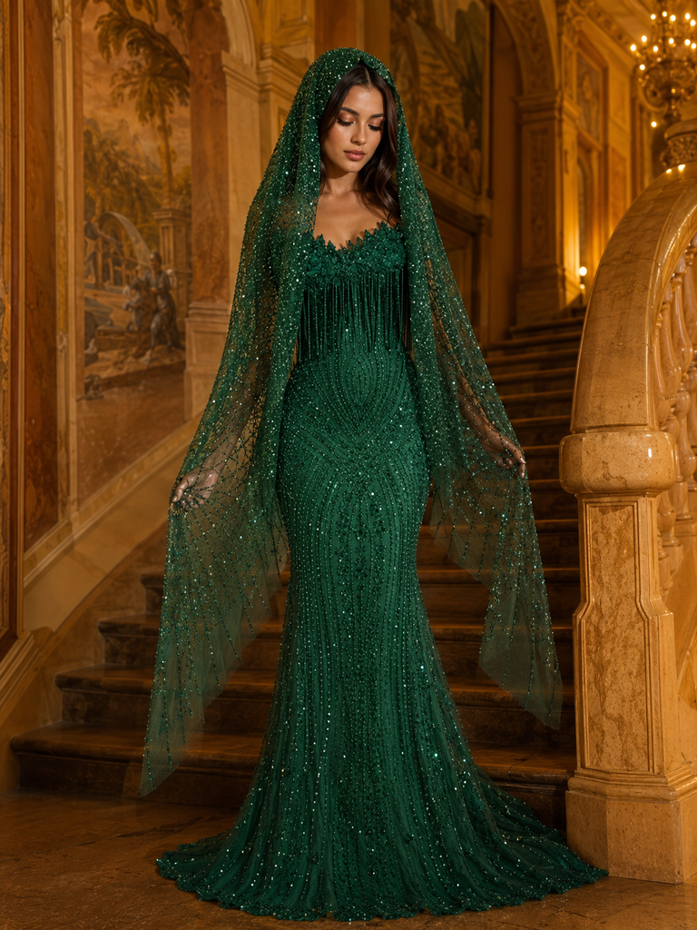Elegant Emerald Green Embellished Mermaid Wedding Gown With Sparkle Ve SposaBridal Elegant Emerald Green Embellished Mermaid Wedding Gown With Sparkle Ve SposaBridal