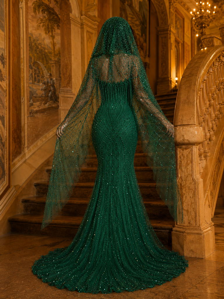 Elegant Emerald Green Embellished Mermaid Wedding Gown With Sparkle Veil, PD4242