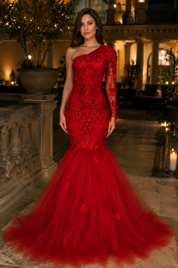 Luxury Red Lace Mermaid Prom Dress with Sheer Long Sleeve and Tulle He SposaBridal Luxury Red Lace Mermaid Prom Dress with Sheer Long Sleeve and Tulle He SposaBridal