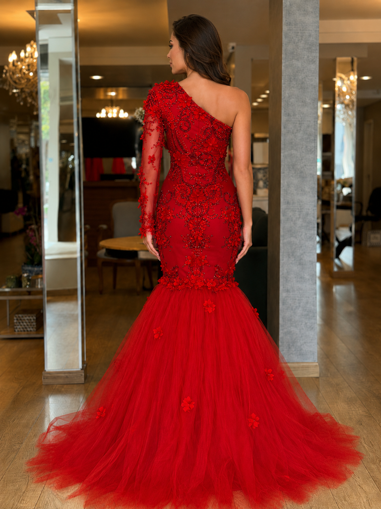 long sleeve red mermaid prom dress Gorgeous Red Long Sleeve Mermaid Evening Dress Lace Appliques Prom Gown Ruffles
