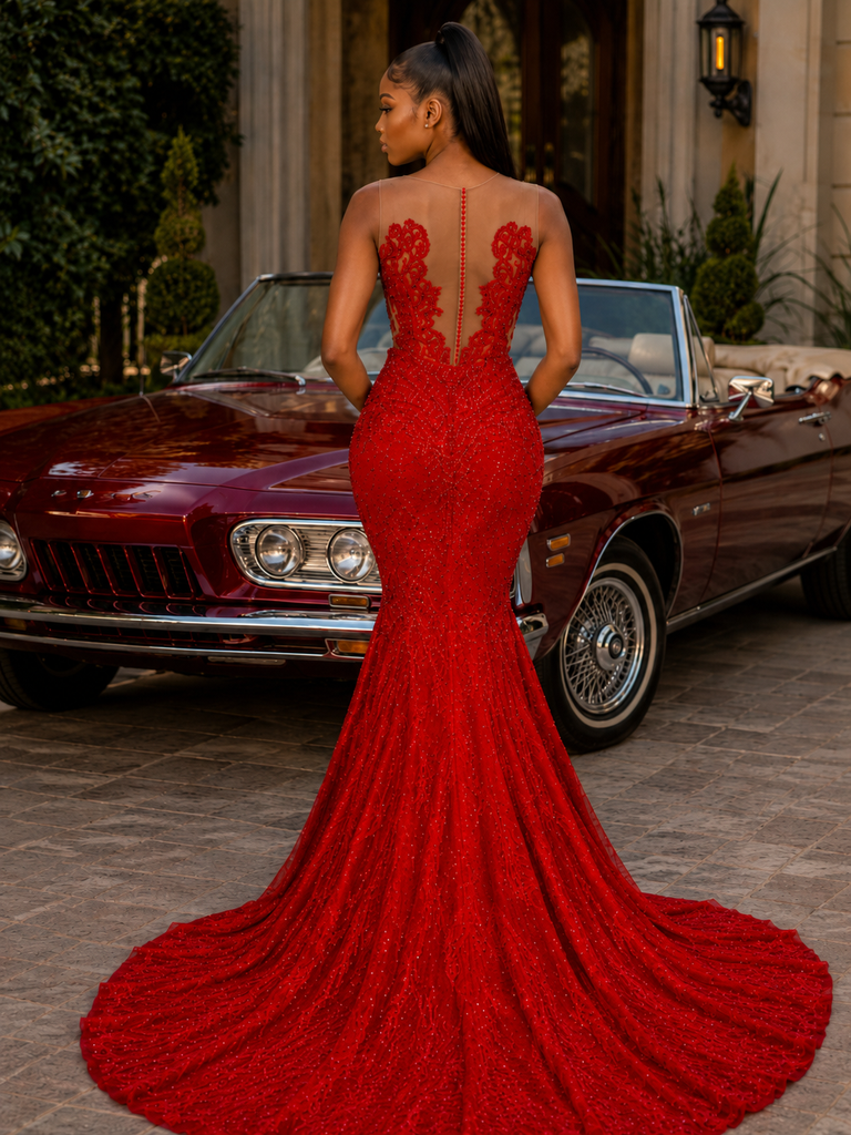 Red Lace Feather Trim Mermaid Prom Dress With Illusion Neckline And High Slit, PD4244