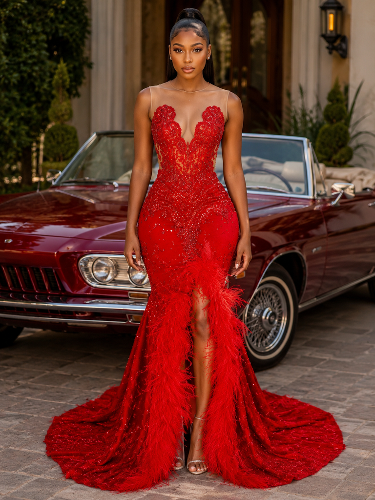 Red Lace Feather Trim Mermaid Prom Dress With Illusion Neckline And Hi – SposaBridal