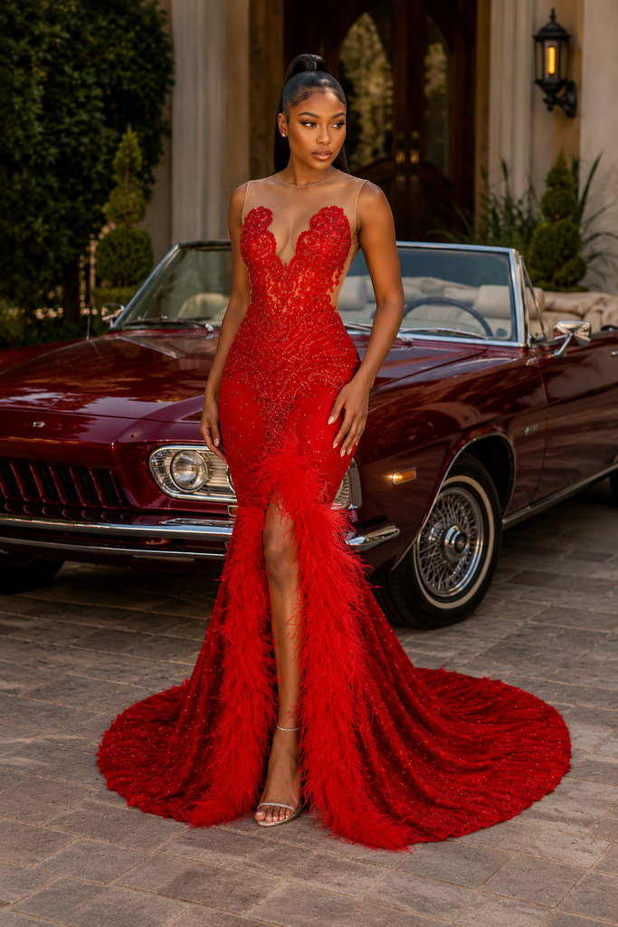 Red Lace Feather Trim Mermaid Prom Dress With Illusion Neckline And High Slit, PD4244