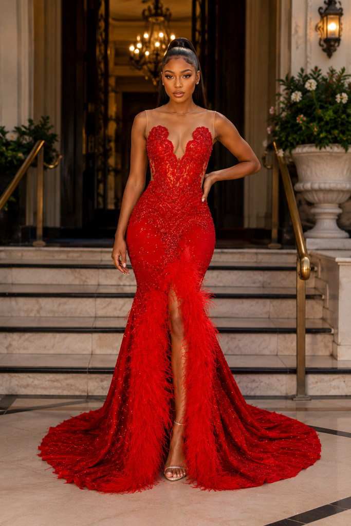 Red Lace Feather Trim Mermaid Prom Dress With Illusion Neckline And High Slit, PD4244