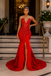 Red Lace Feather Trim Mermaid Prom Dress With Illusion Neckline And High Slit, PD4244
