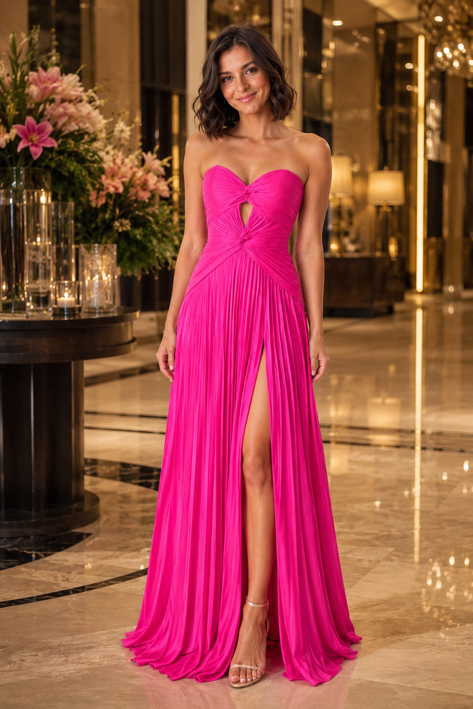 hot pink strapless bridesmaid dresses Hot Pink Satin Mermaid Strapless Lace Appliques Prom Dresses With Slit, MP899