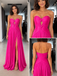 Hot Pink Pleated Satin Strapless A Line Evening Gown With Front Cutout And Leg Slit, PD4245