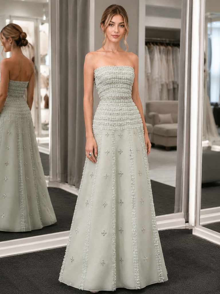 Beaded Textured Strapless Floor Length Formal Dress, PD4246