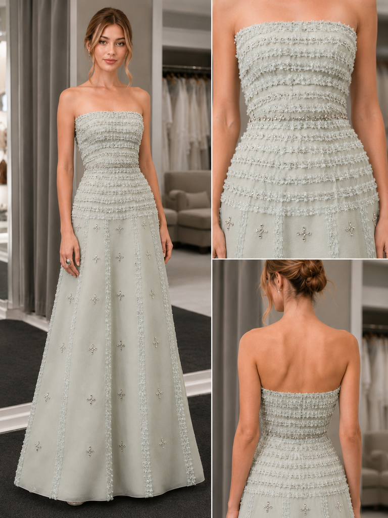 Beaded Textured Strapless Floor Length Formal Dress, PD4246