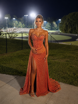 Orange Glitter Beaded Corset Mermaid Prom Gown Strapless High Slit Evening Dress, PD4247