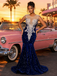 Royal Blue Sequin Velvet  Sheer Neck Mermaid Prom Dress With Rhinestone, PD4249