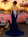 Royal Blue Sequin Velvet  Sheer Neck Mermaid Prom Dress With Rhinestone, PD4249