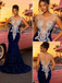 Royal Blue Sequin Velvet  Sheer Neck Mermaid Prom Dress With Rhinestone, PD4249