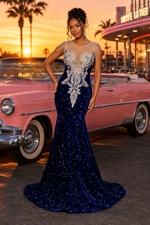 Royal Blue Sequin Velvet  Sheer Neck Mermaid Prom Dress With Rhinestone, PD4249