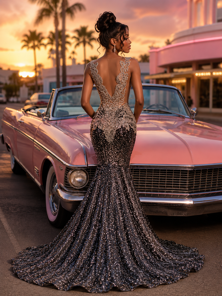 Sparkly Black Silver Beaded Sequin Deep V-Neck Mermaid Prom Dress, PD4250