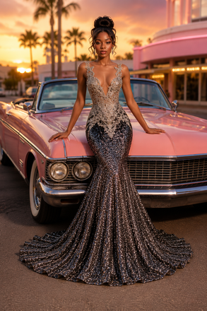 Sparkly Black Silver Beaded Sequin Deep V-Neck Mermaid Prom Dress, PD4250