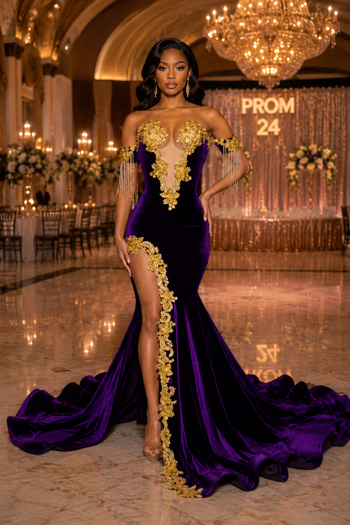 Luxury Purple Velvet Off Shoulder Mermaid Prom Dress With Gold Lace Appliques Slit, PD4251