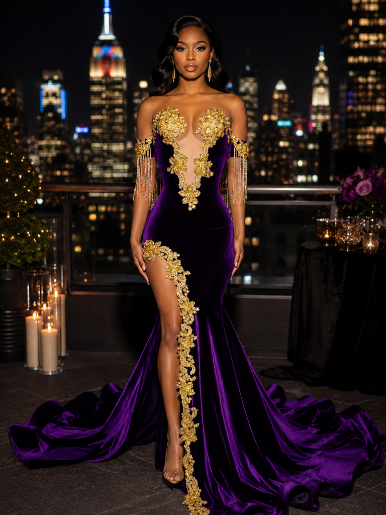 Luxury Purple Velvet Off Shoulder Mermaid Prom Dress With Gold Lace Appliques Slit, PD4251