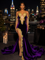 Luxury Purple Velvet Off Shoulder Mermaid Prom Dress With Gold Lace Appliques Slit, PD4251