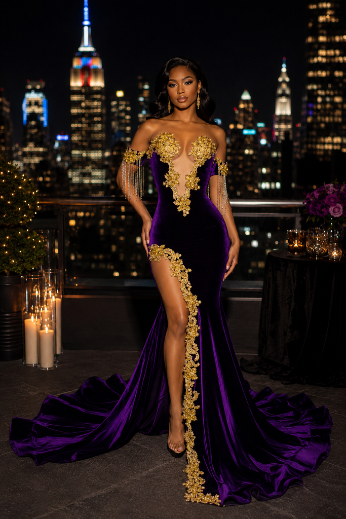 Luxury Purple Velvet Off Shoulder Mermaid Prom Dress With Gold Lace Appliques Slit, PD4251