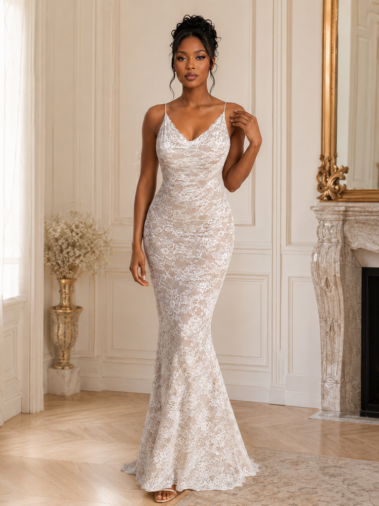 Nude Lined Lace Spaghetti Straps Wedding Dress Fitted Mermaid Style, WD3121