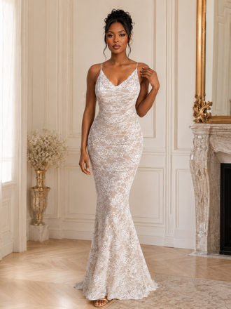 Nude Lined Lace Spaghetti Straps Wedding Dress Fitted Mermaid Style, WD3121