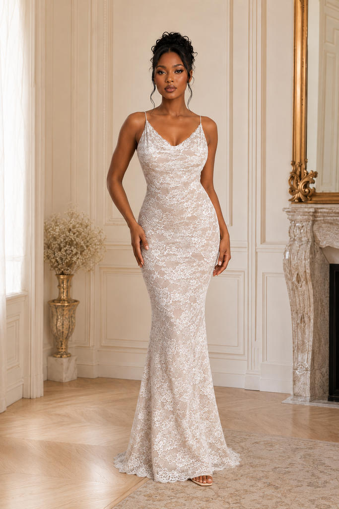 Nude Lined Lace Spaghetti Straps Wedding Dress Fitted Mermaid Style, WD3121