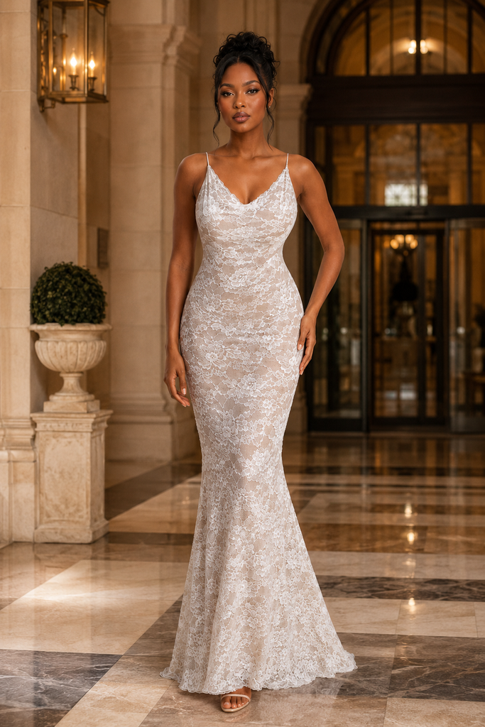 Nude Lined Lace Spaghetti Straps Wedding Dress Fitted Mermaid Style, WD3121