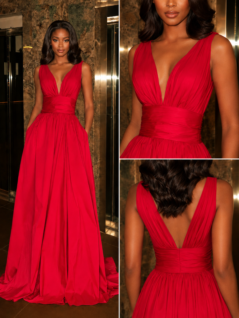 Simple Red Satin Spaghetti Straps Deep V-Neck A-Line Prom Dress With Pockets, PD4253