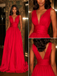 Simple Red Satin Spaghetti Straps Deep V-Neck A-Line Prom Dress With Pockets, PD4253