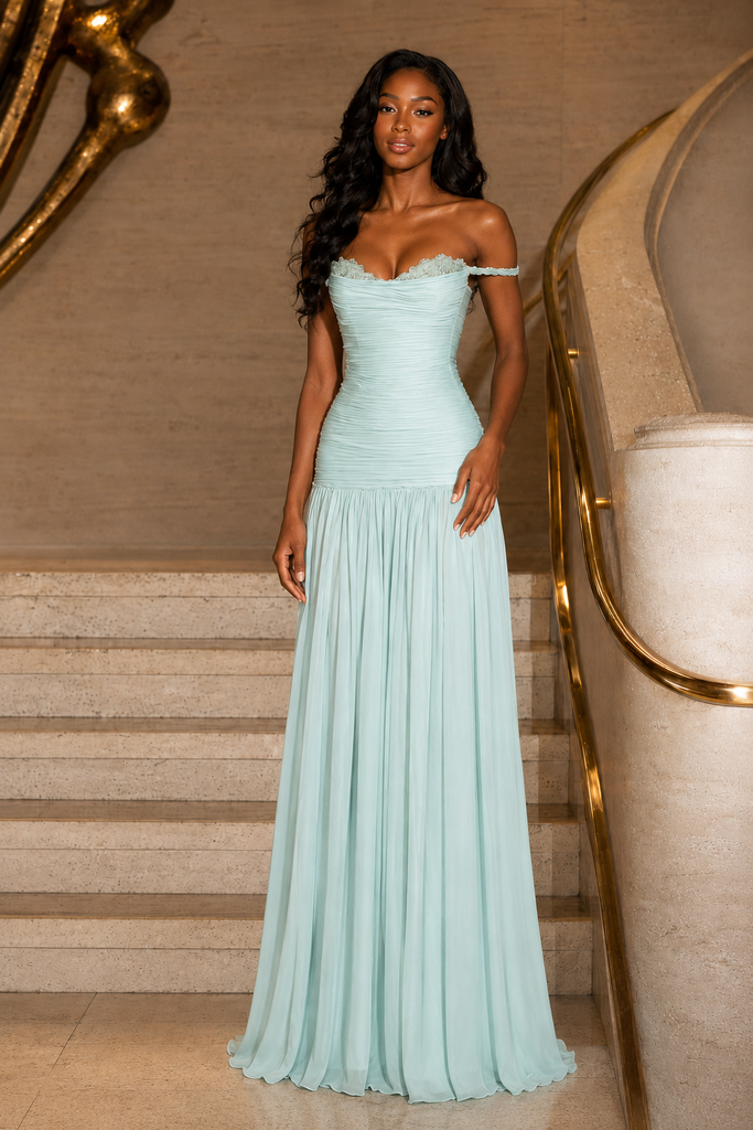 Elegant Mint Green Off Shoulder Ruched Chiffon A-Line Formal Dress, PD4255