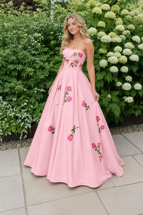 Pink Strapless Floral Embroidered A Line Prom Dress, PD4256
