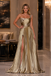 Gold Pleated Satin Side Slit A-Line Formal Gown With Sequin One Shoulder, PD4258