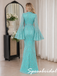 Turquoise Beaded High Neck Flared Long Sleeve Mermaid Formal Evening Gown, PD4259